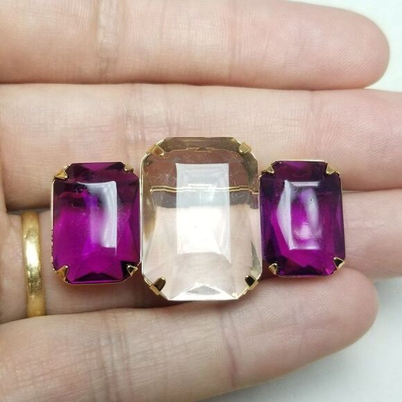 Vintage Purple and Clear Rectangle Rhinestone Brooch, Jewel Tone, Estate - Picture 3 of 5